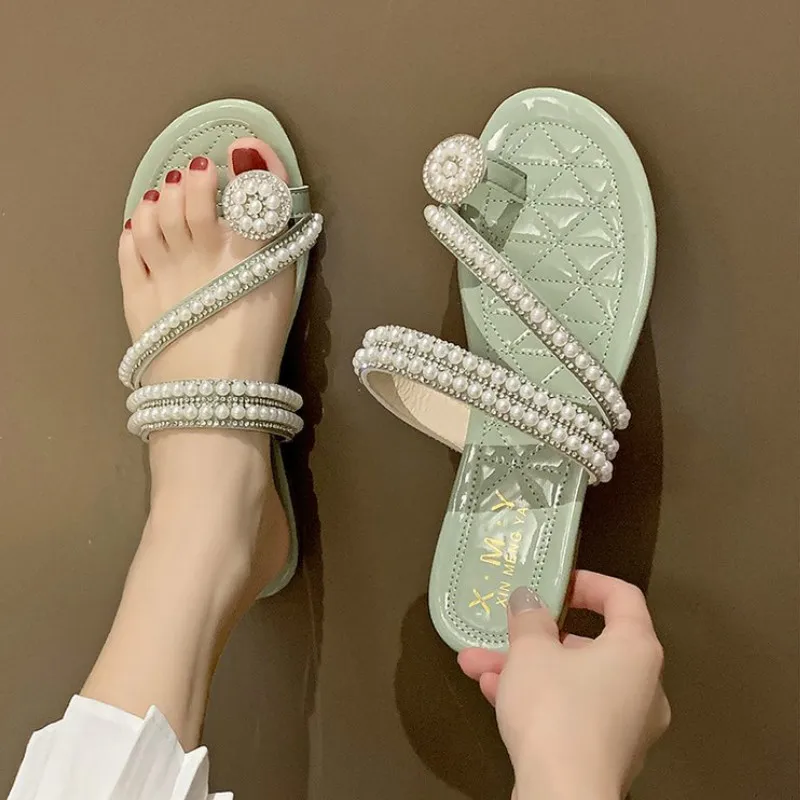 Fashion Slippers Women Summer New Outside String Bead Vacation Beach Shoes Toe Square Heel Slides Low 1cm-3cm Solid High Quality