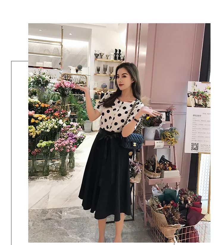 

Red wave point set dress summer 2020new Korean version a-line skirt two-piece set