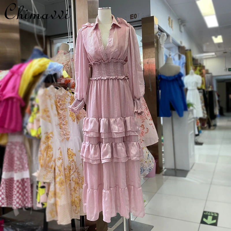 

2021 New Women's Clothing French Elegant Ladies Deep V-neck Long-Sleeve Maxi Dress Drawstring Slim-Fit Tiered-Ruffle Long Dress