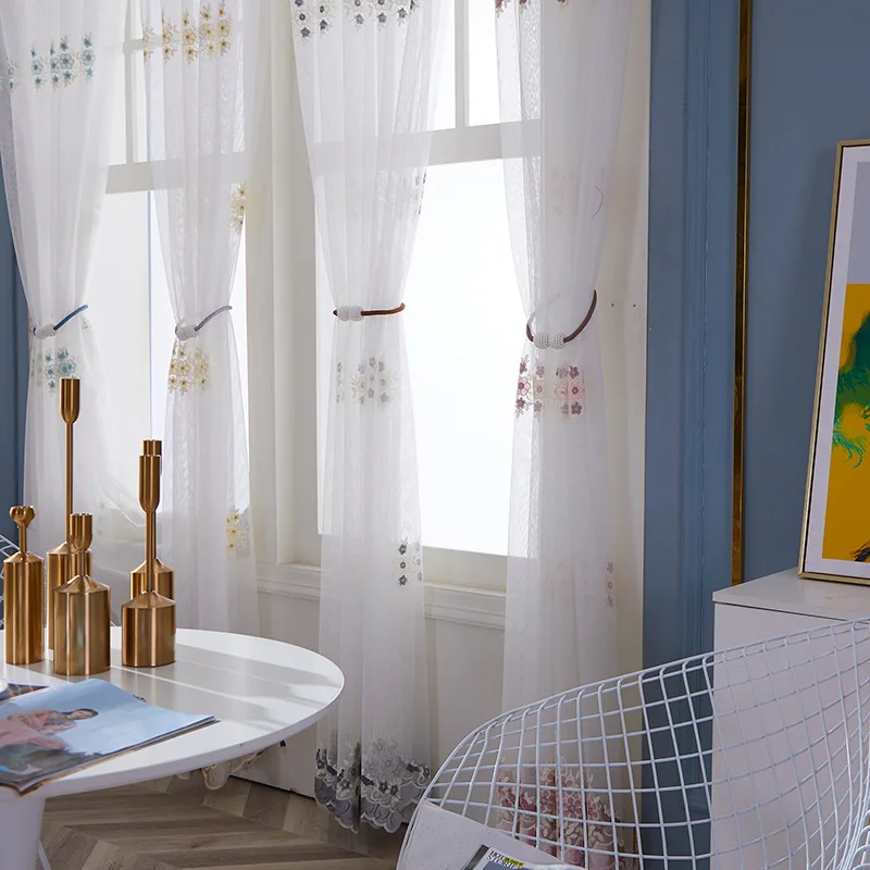Пасторальная серая Цветочная белая марлевая вуаль с вышивкой для гостиной