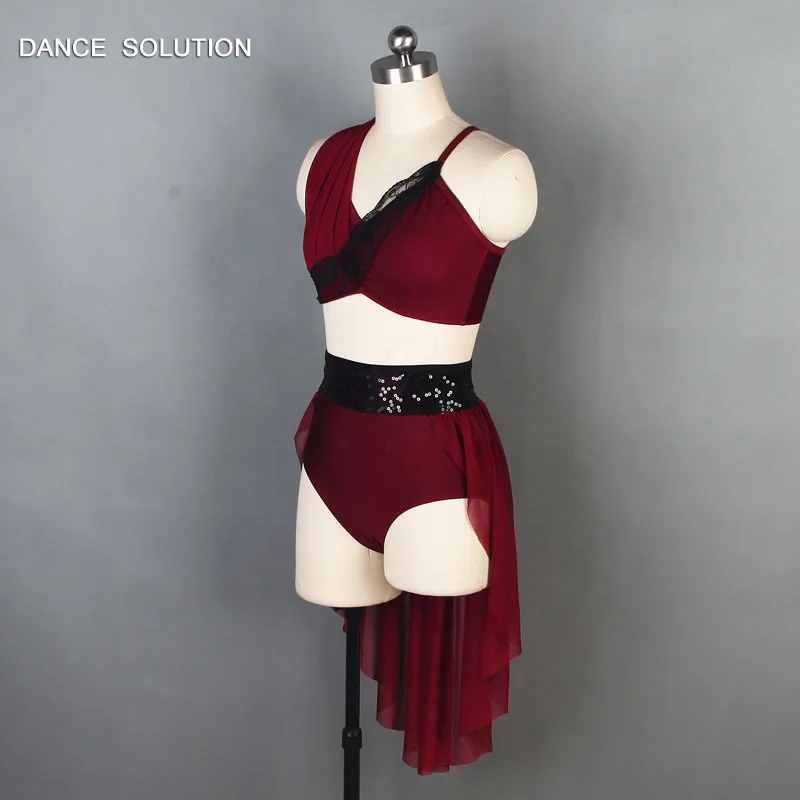 Бордовый балетный костюм для детей и взрослых "Asymmetrical Top with Short Skirt", выполненный из растягивающейся сетки и кружева (арт. 19606).