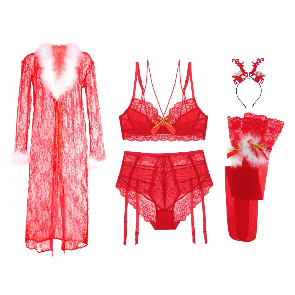 

Woman Christmas Red Holiday Underwear Set New Year Gifts Cross Shoulder Strap Bra+Sling Panty+Stockings+Elk Headdress+Robe 5pcs