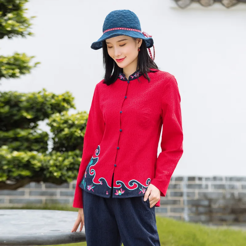 Национальный стиль ретро Красная Вышивка с длинными рукавами куртка женская