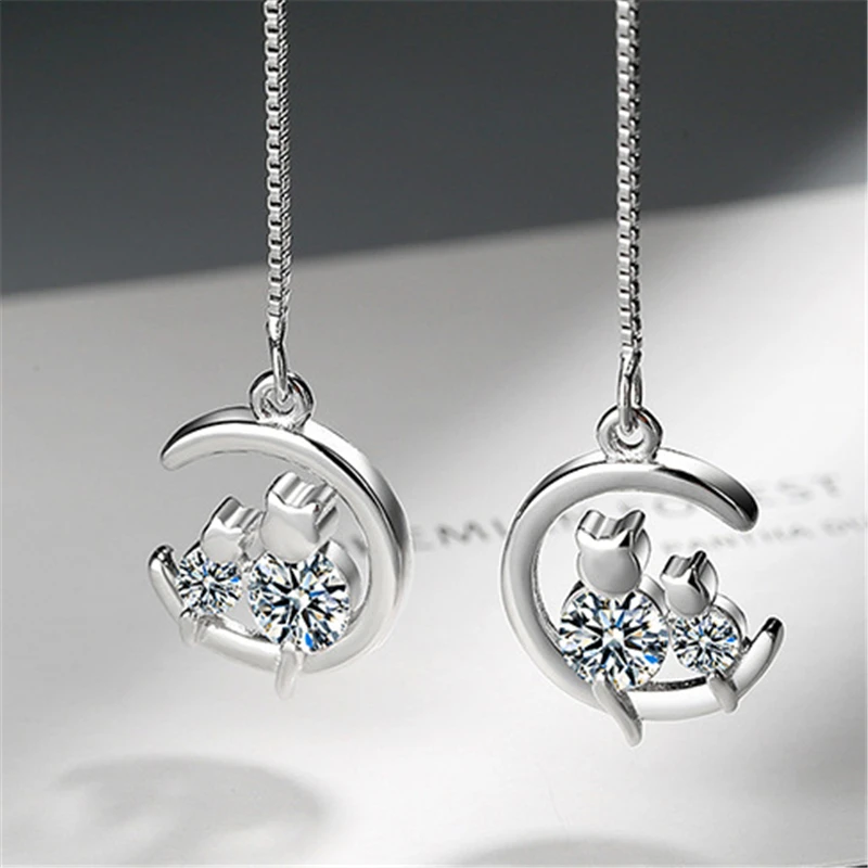 

KOUDOUN Cute Cat Women Drop Earrings Romantic Moon Ear Line Cubic Zirconia Lady Cute Party Engagement Jewelry Earrings
