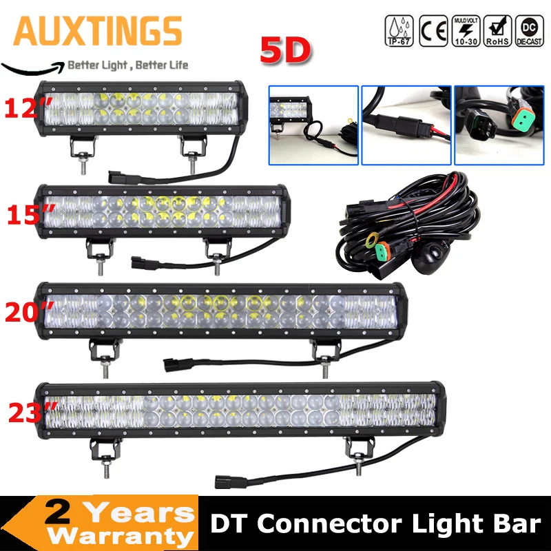 

12 15 20 23inch LED Work Light Bar 210W 240W 5D Lens DT Connector Lamp Offroad & Wiring Kit SUV ATV Vehicle Boat Truck