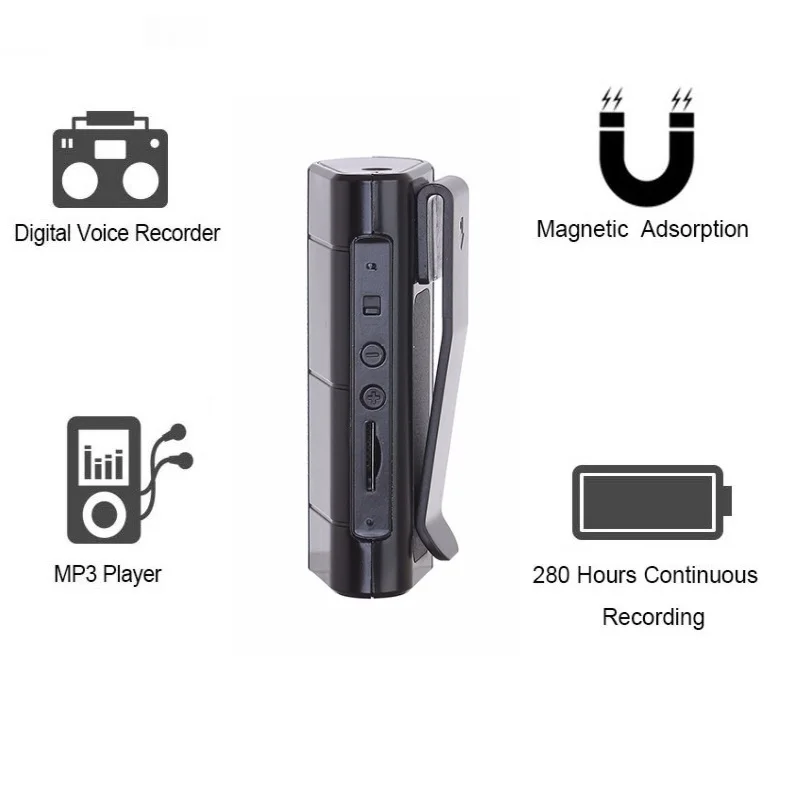 

SK-111 Audio Recorder Dictaphone 8GB Sound Recording Long Record Time about 280 Hours Powerful Magnet Clip LED Light