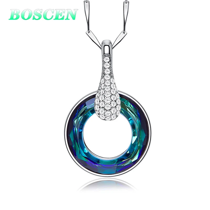 BOSCEN кулон ожерелье для женщин Девушка День рождения подарок на день Святого Валентина украшенный кристаллами от Swarovski Круглые красочные - Цвет камня: 925 Sterling blue