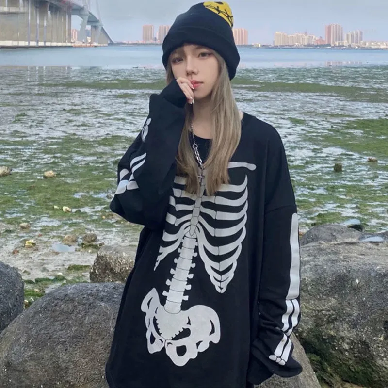 

Streetwear Ladies Skeleton Print Pullover Hoodie Oversized Harajuku Style Winter Sweatshirt Korean Streetwear Top 2021 New