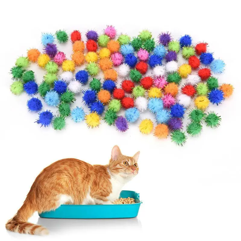 

Glitter tinsel pompom balls small pompoms ball cat puppy toys pet supply 100X