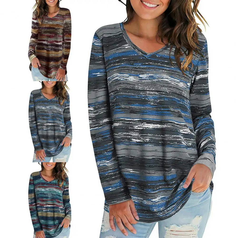 

Women Casual Long Sleeve Striped Print Loose T Shirt Elegant Color Block Oversize Tops 2021 New Tie Dye Pullovers Top Streetwear