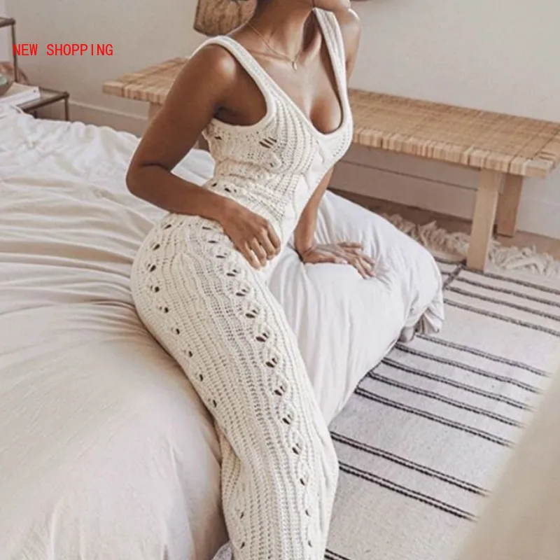 

White Sexy Hollow Out Knitted Women Dress Sexy Sleeveless Slim Fashion Patchwork Spaghetti Strap Long Dresses Winter Knitwear