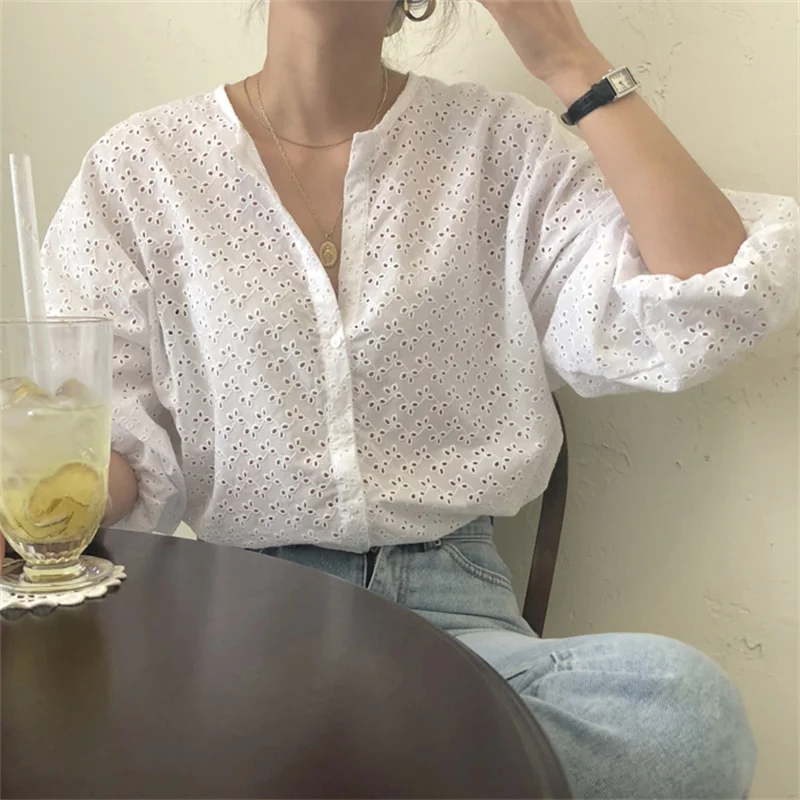 

Alien Kitty Summer White Hollow Out Delicate 2021 Solid Soft Thin Outwear Casual Femme Tops Lady All Match Hot Chic Shirts