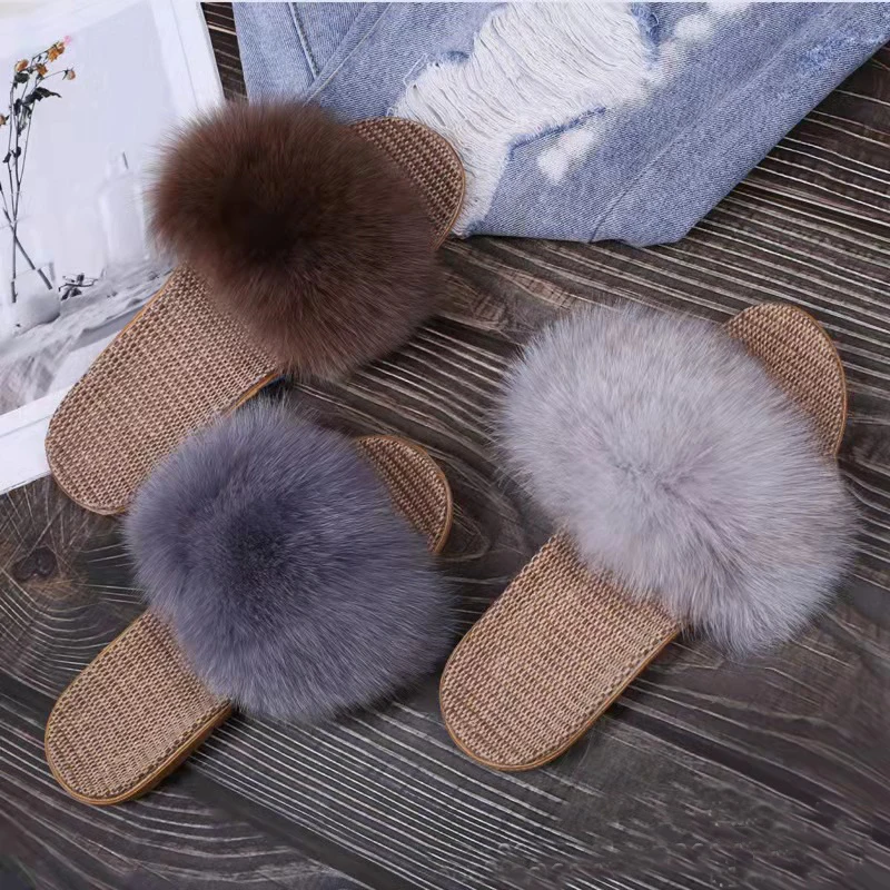 

New Ladies Fox Fur Slides Outside Linen Slippers Home Furry Slippers Sliders Women Plush Flip Flops Female Furry Warm Sandals