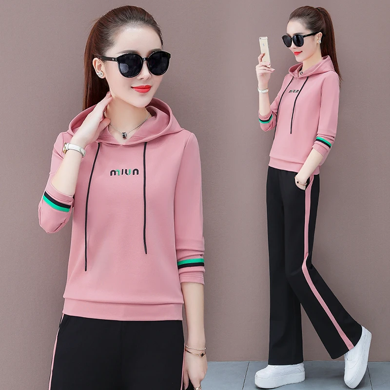 

Autumn Plus Size Womens Outfits Fashion Loose Long Sleeved Hooded Sweatshirt Two Piece Sets Sportswear Green Clothes Yellow Pink