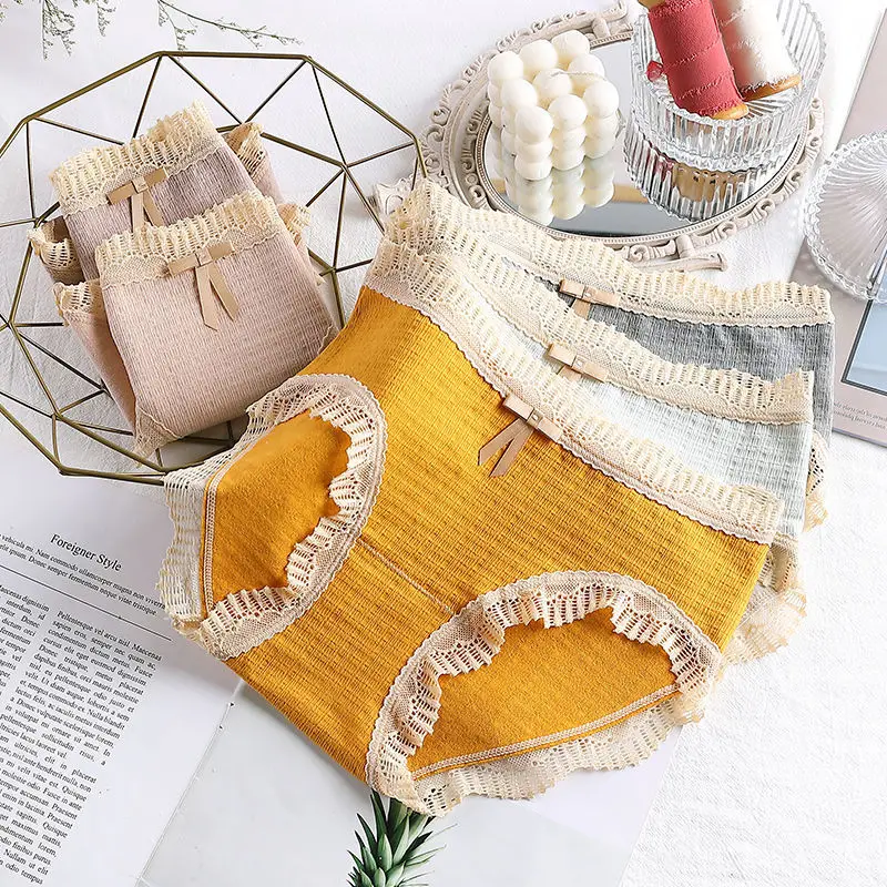 2/3/4pcs Girls Cotton Underwear Cute Lace Bow Soft Breathable Panties Solid Color Middle Waist Briefs Intimates Women Lingerie | Женская
