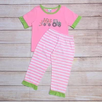 hot sale kids pajamas cartoon baby girls short sleeve nightgowns pink stripe cotton pajamas pants 2pcs outfits for girl