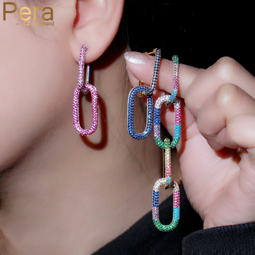 

Pera Trendy Multicolor Cubic Zirconia Dangle Rectangle Shape Chain Link Drop Earrings for Women Banquet Party Jewelry Gift E701