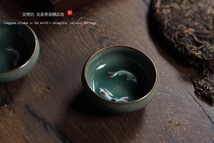 Китайский Longquan Celadon фарфоровая чайная чашка и блюдце чайная чаша с золотой рыбкой 60 мл Celadon Crackle чайная чашка