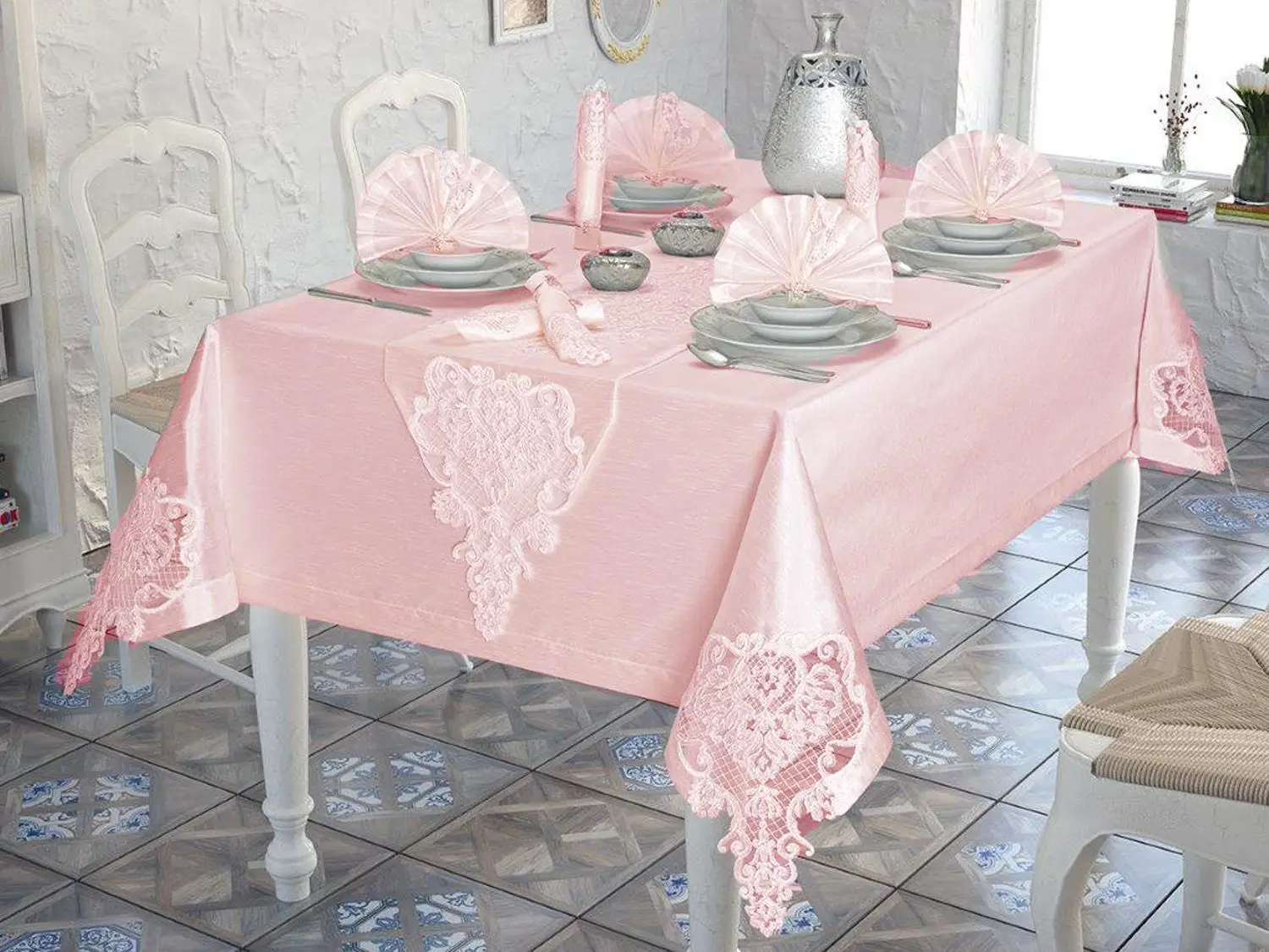 

French Laced Aleph Table Cover Set 26 Piece Powder