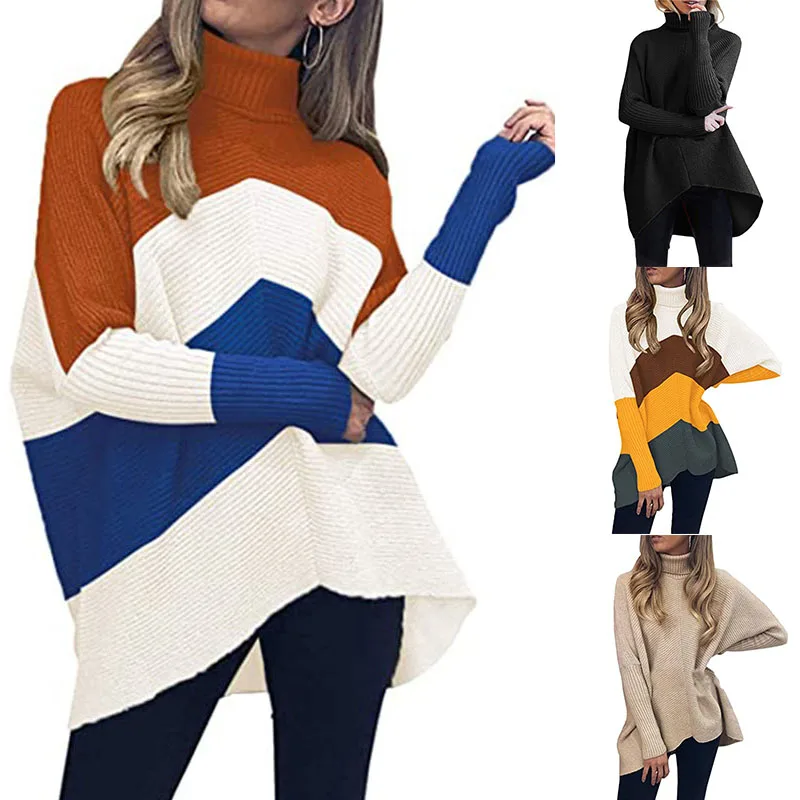 

Женский свитер с высоким воротником, Длинные Топы с рукавами «летучая мышь», трикотажная рубашка с асимметричным подолом для повседневного...