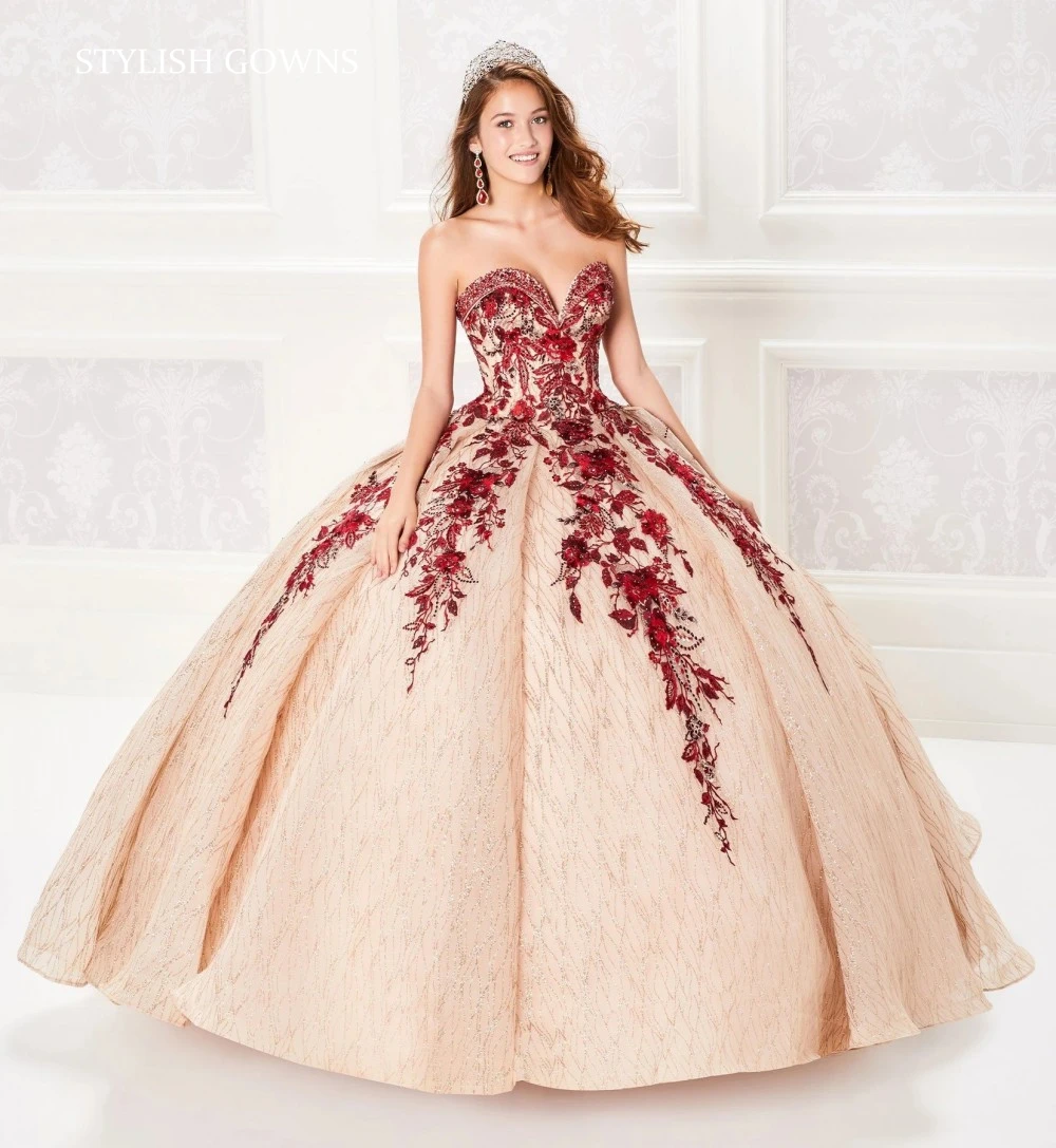 

Charming Champagne Sweetheart Ball Gown Quinceanera Dresses Sleeveless Sweep Train Appliques Vestidos De 15 Anos