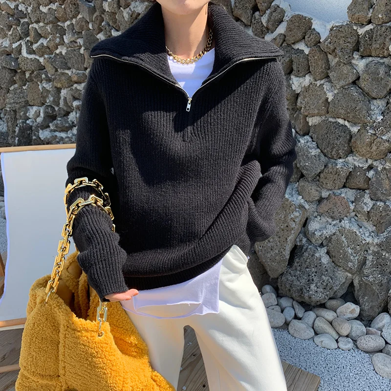 

Пуловер женский теплый на молнии с высоким воротником на осень-зиму