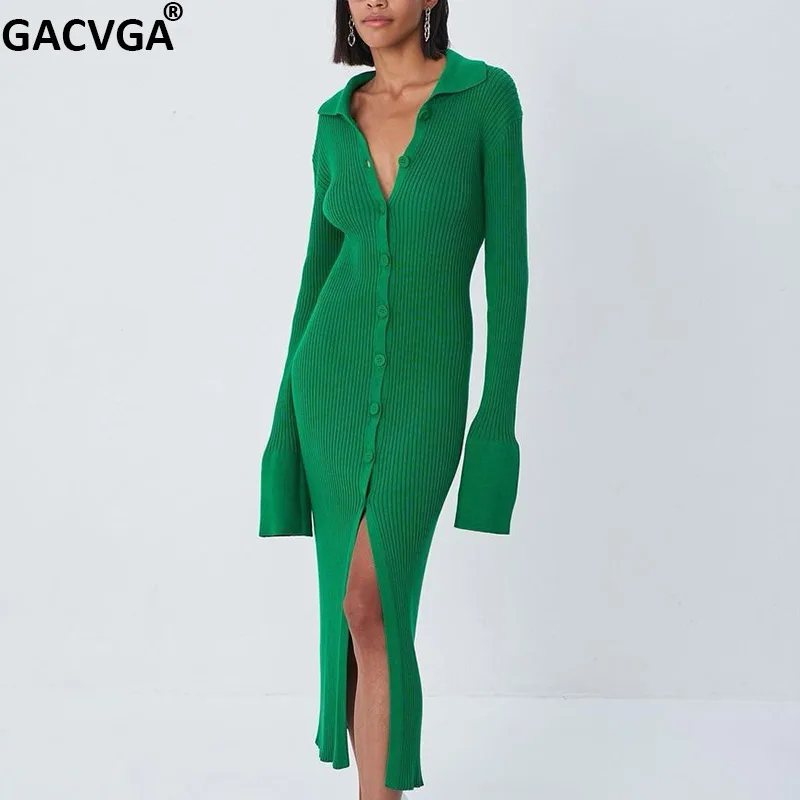 

Женское длинное вязаное платье-свитер GACVGA, зеленое теплое облегающее платье-туника, уличная одежда, длинные платья, Осень-зима 2021
