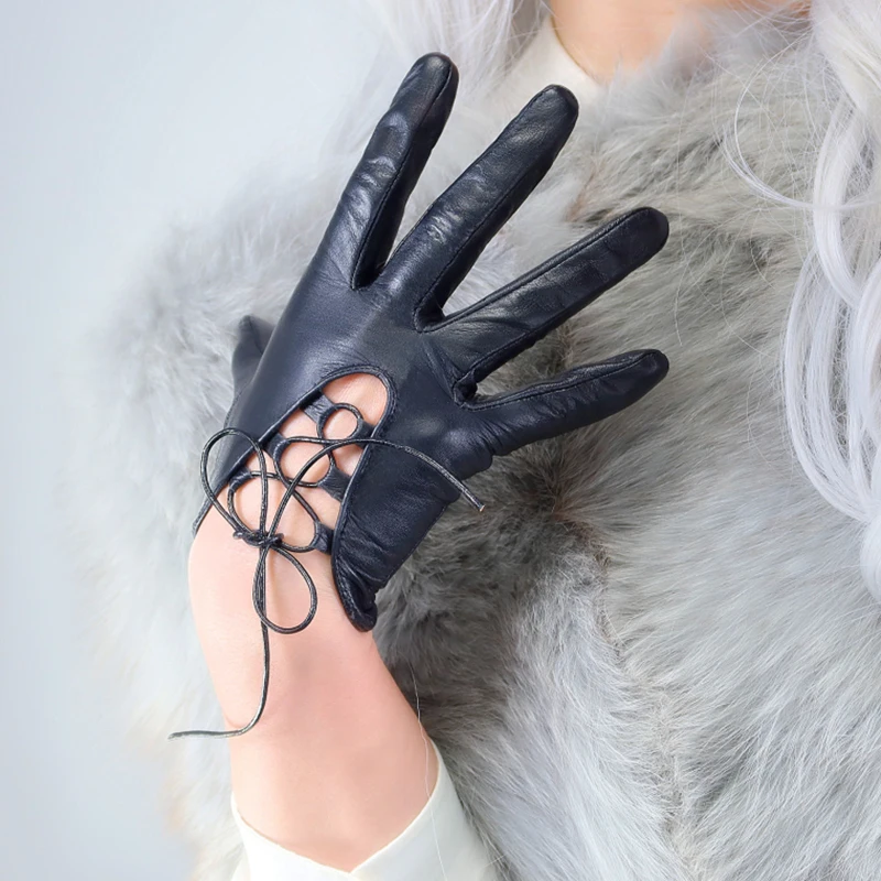

Real Leather Gloves Female Ultra Short Style Ropes Retro Hollow out Black Pure Sheepskin Women Gloves Touch Screen WZP49