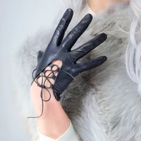 real leather gloves female ultra short style ropes retro hollow out black pure sheepskin women gloves touch screen wzp49