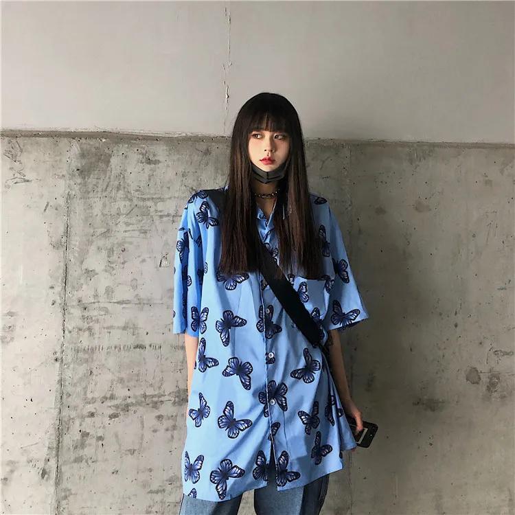 Harajuku рубашка оверсайз женские блузки Хай-стрит BF Стиль 2020 летние топы с коротким