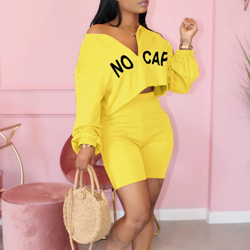 

Fashion Women Letter Print Zipper Long Sleeves Casual Tops Shorts Outfits FS99