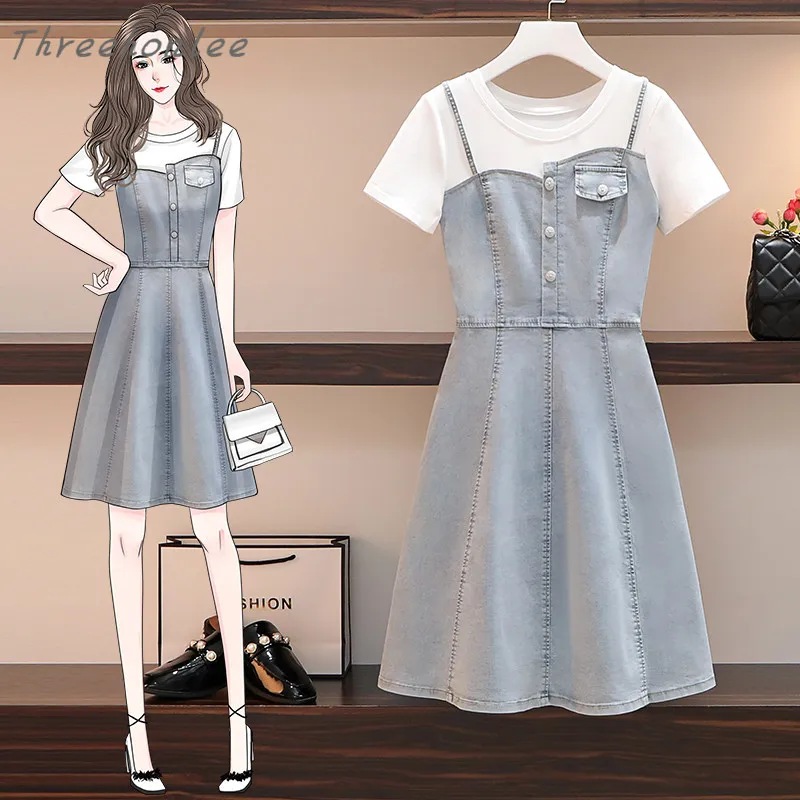 

Plus Size Women's Fake Two Piece Denim Stitching Dress 2021 Summer Fashion Waist Show Slim Skirt