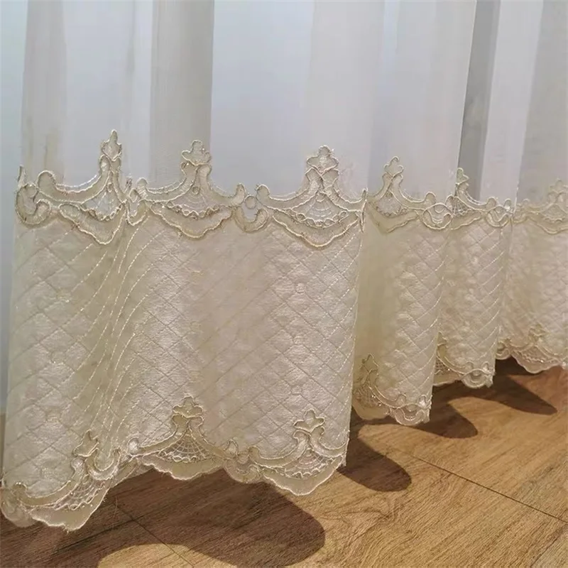

European Luxury Imitation Silk Curtains 3D Embossed Embroidery with Beads Luxury Tulle Curtain for Living Room Bedroom