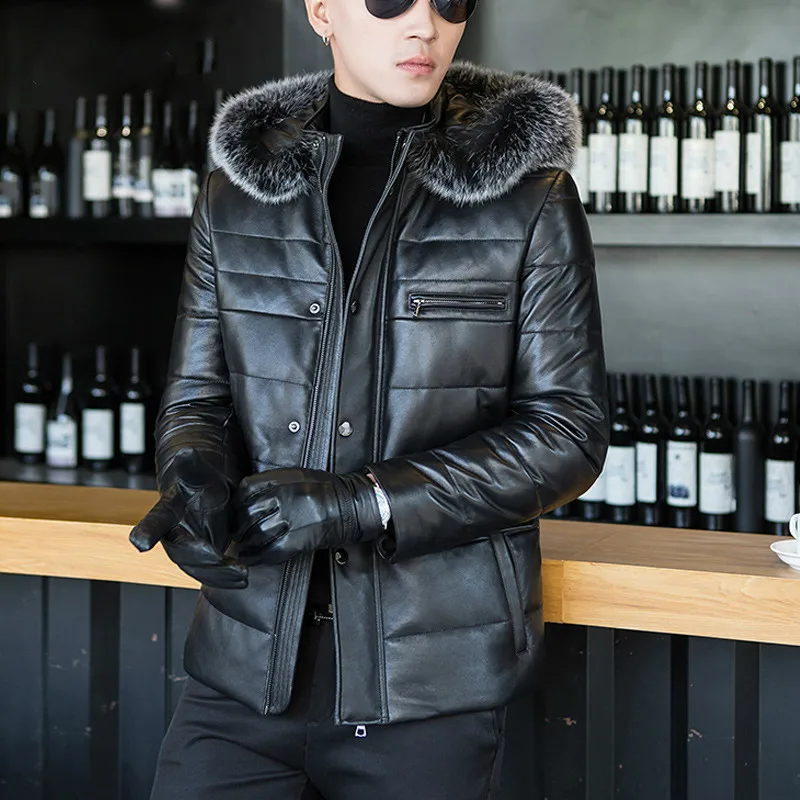 

Genuine Leather Men Winter Coat Hooded Korean Men's Down Jacket Large Fur Collar Sheepskin Jackets A8313 KJ799