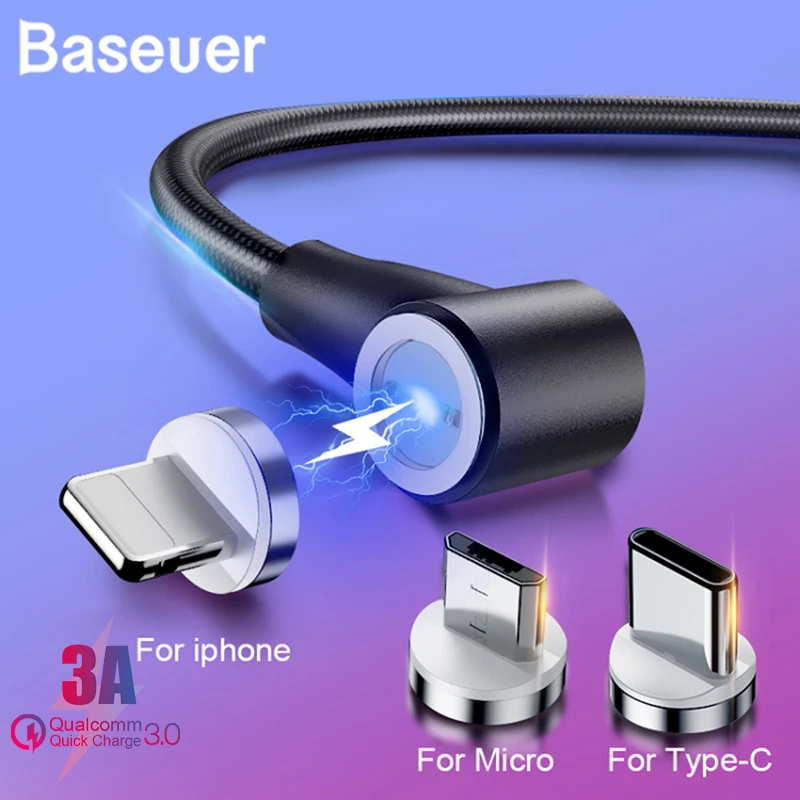 Baseuer QC 3,0 3A локоть l-образный Магнитный кабель Micro usb type C для Xiaomi Redmi; Huawei samsung магнит для iPhone 90 градусов
