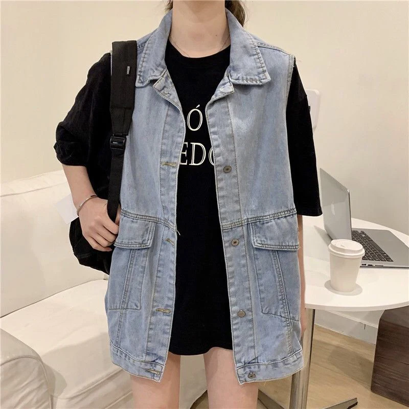 

Letter Printing Loose Denim Sleeveless Jean Jacket Streetwear Women Korean Style Jean Vest Casual Denim Waistcoat Female