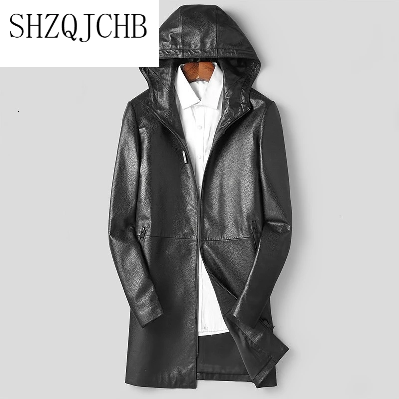 

Jacket Men Long Sheepskin Coat Hooded Genuine Leather Jacket Korean Windbreaker Leather Coat Chaqueta Cuero Hombre