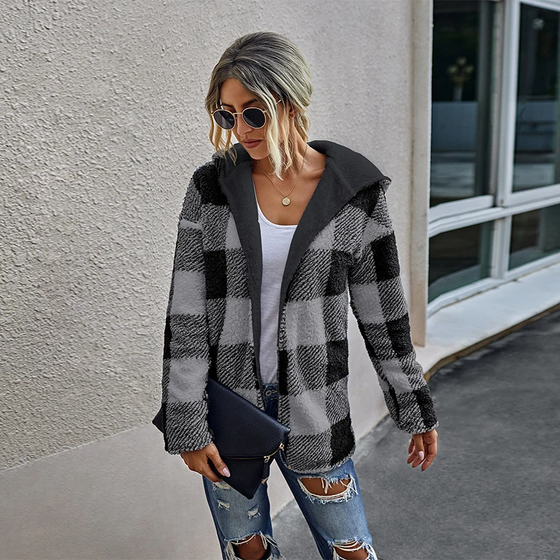 

Winter Casual Plush Double Sided Women's Jacket Plaid Hooded Fleece Overcoat Wear On Both Side Soft Warm Cardigan Female Jackets