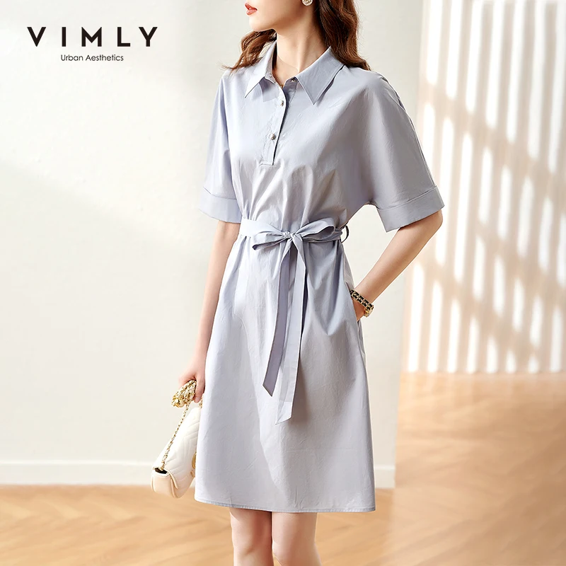 

VIMLY Summer Shirts Dresses For Women Elegant Mini Dress Office Lady Bandage Pockets Casual Dress New Women's Sundress F7898