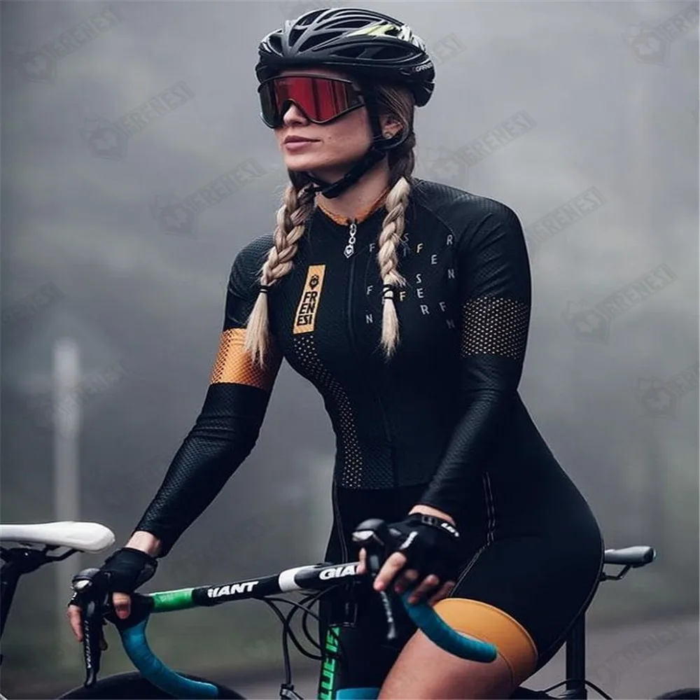

Frenesi 2021 Bicycle Long Sleeve Cycling Skinsuit Gold Mountain Bike Riding Racing Sport Suit Ladies Gel Jumpsuit Bodysuit