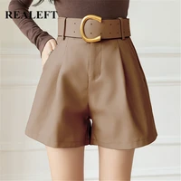 realeft womens pu leather shorts with belt 2021 new winter stylish pockets ladies elegant solid casual shorts trousers female