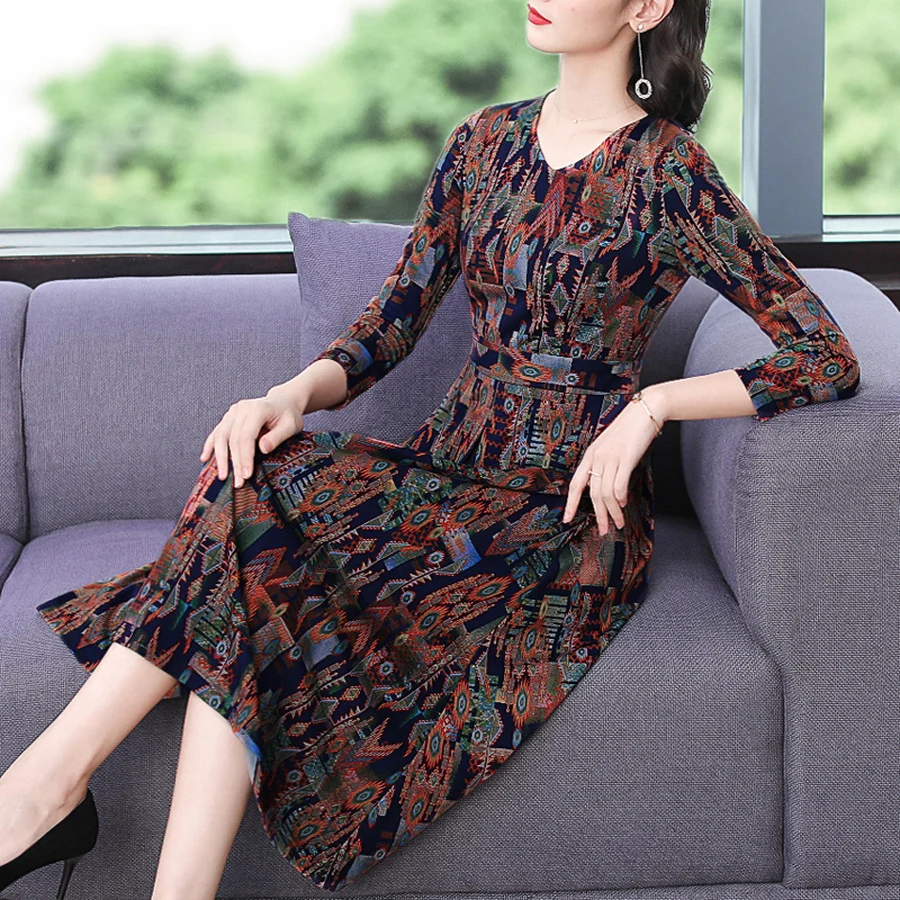 Женские платья миди с винтажным принтом Осень зима 4XL размера плюс платье макси