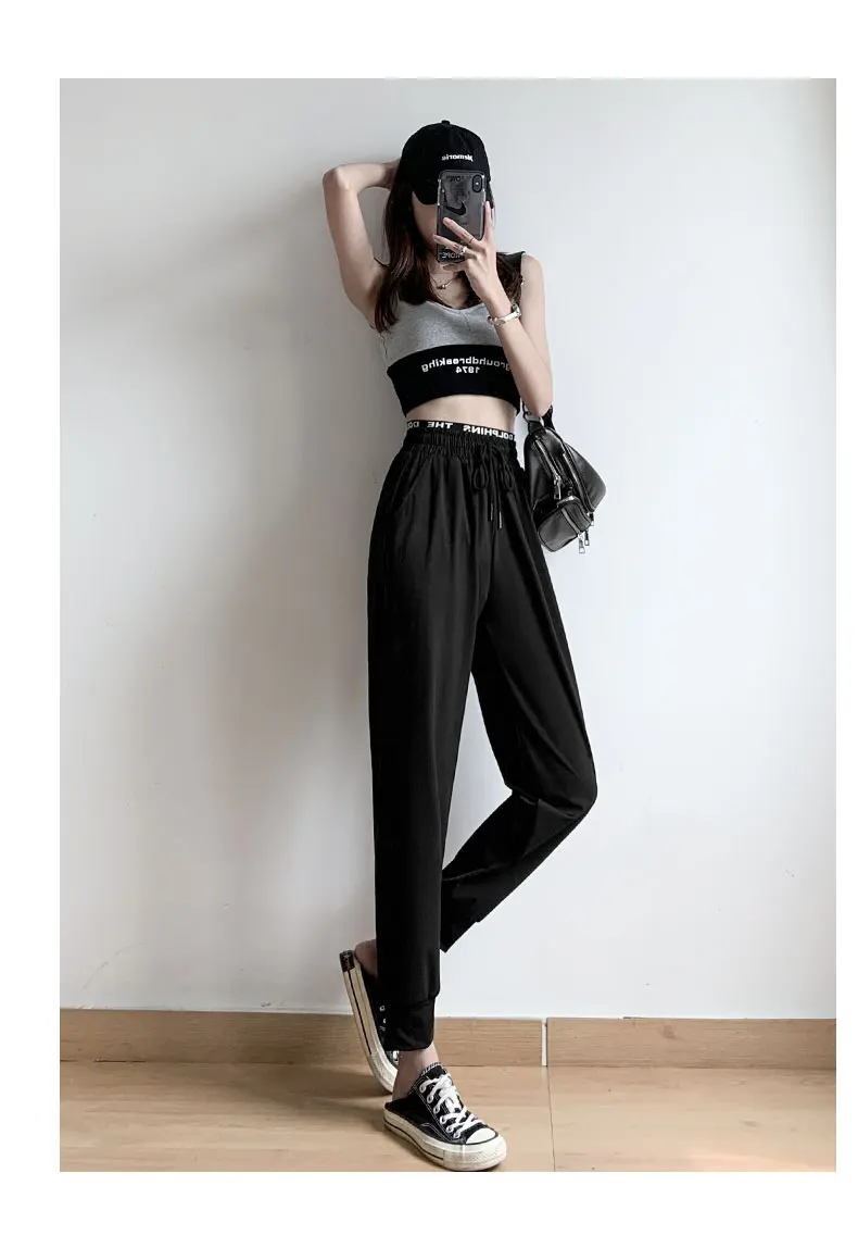 

Ice Silk Quick-Dry Pants Women's Summer 2021 New Loose-Fit Tappered Trousers Casual Black Spring and Autumn Thin Ankle-Length