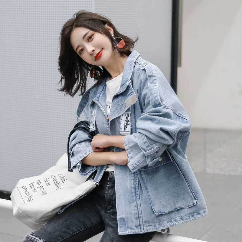 Большой карман джинсовая куртка Женская свободная летучая мышь рукав простая