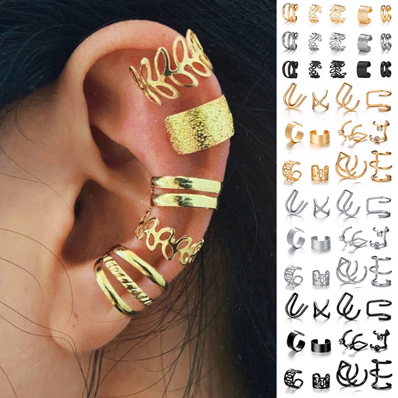 

17KM Gold Leaves Ear Cuff Black Non-Piercing Ear Clips Fake Cartilage Earrings Clip Earrings For Women Men Wholesale Jewelry