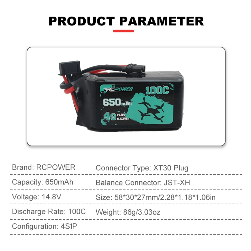 Аккумуляторная батарея RCPOWER 14 8 в 650 мАч 100C с разъемом XT30 для радиоуправляемых