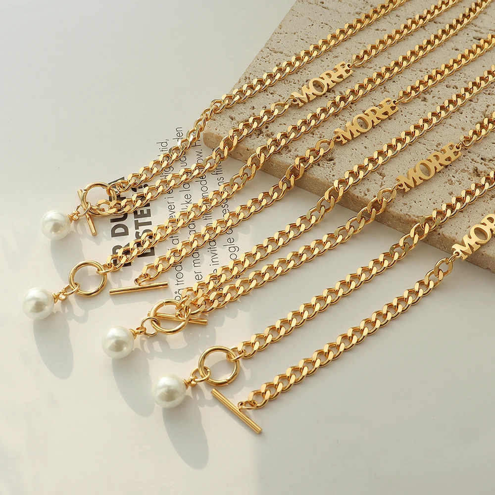 

New Waterproof Fashion Jewelry OT Bar Clasp Pearl Necklace Stainless Steel Cuban Necklace Chain for Women