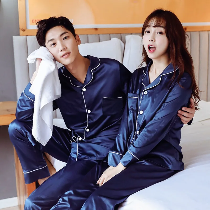 Couples' Pajamas Women's Spring Autumn Long Sleeve Silk Simulation Thin Style Plus Large Size Men's Home Suit Female Sleepwear