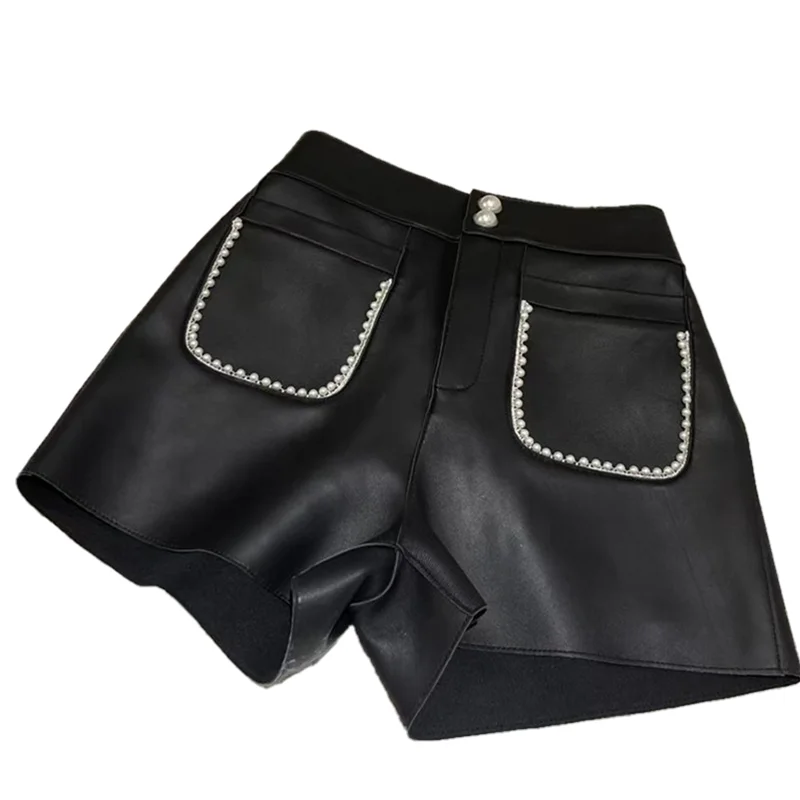 New Arrival 2023 Small Fragrance Pearls Design Real Sheepskin Leather Shorts Women Casual Genuine Leather Shorts