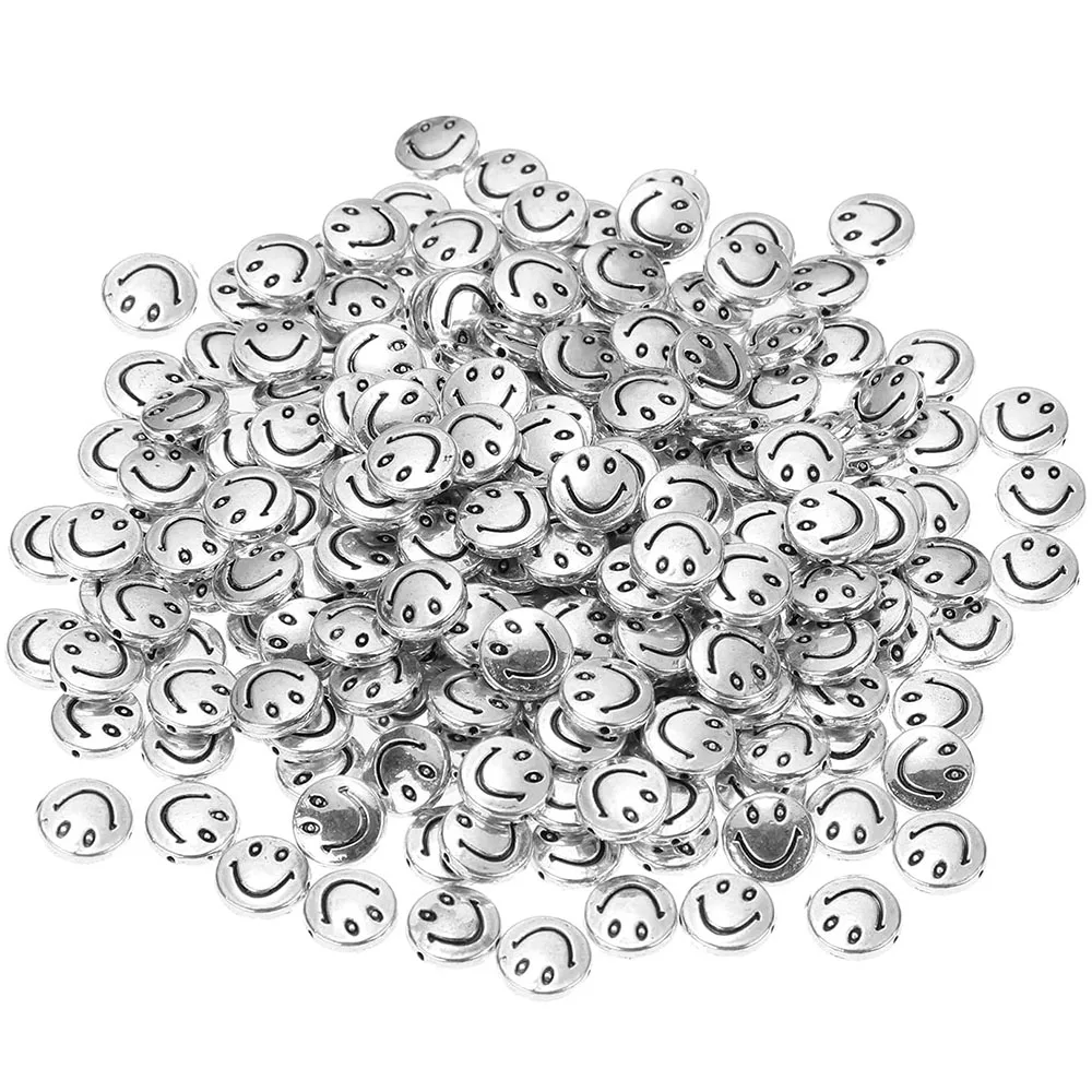 

30Pcs Plat Round Smiley Face Spacer Beads Metal Tibetan Silver Jewelry Findings Accessories for Bracelet Necklace Jewelry Making